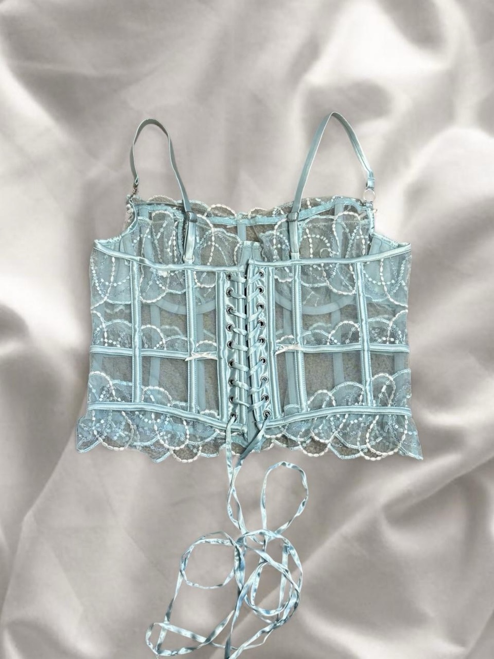 Sheer Lace Bustier Crop Top in Light Blue - Picture 2 of 6
